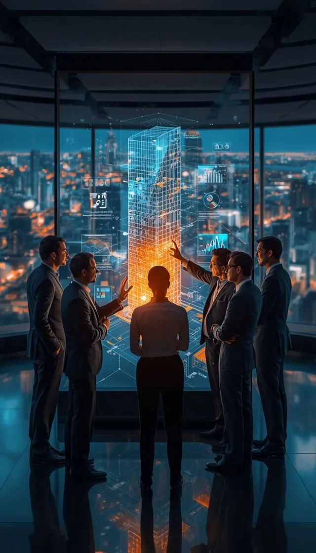 Equipo de gestión de edificios analizando datos de un edificio inteligente sobre un panel digital