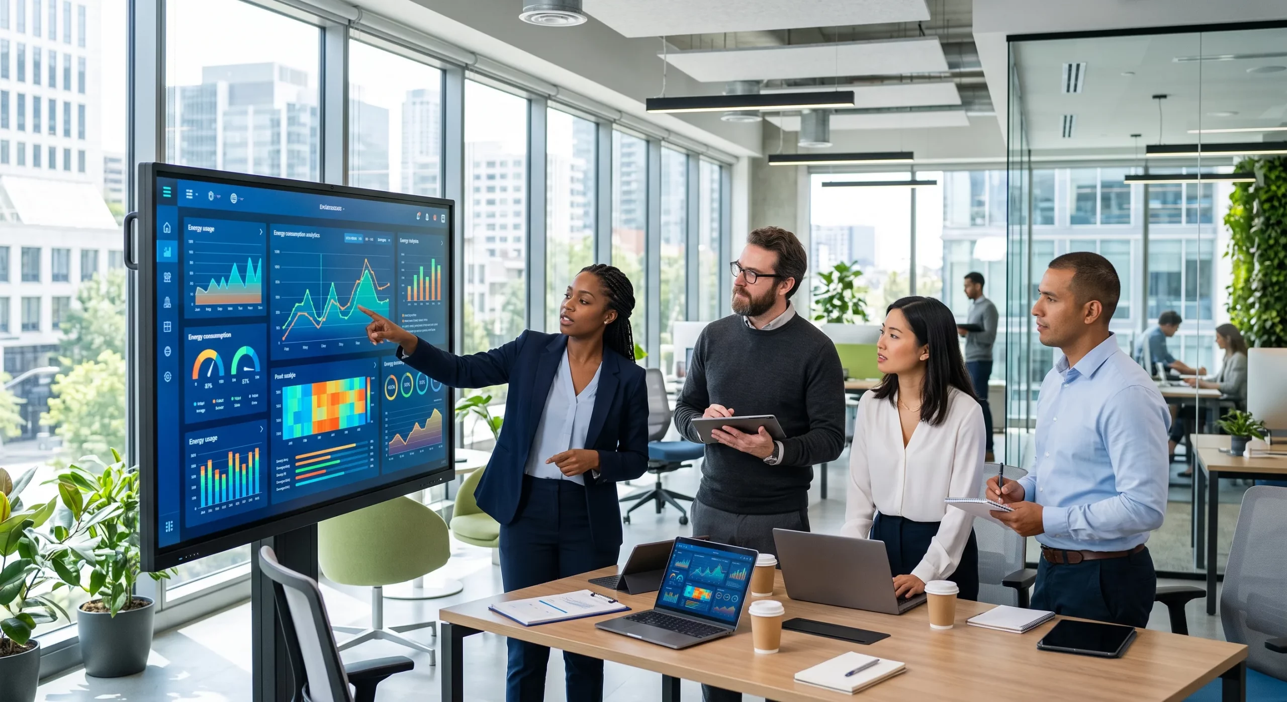 Equipo analizando un dashboard de consumo energético en una sala de reuniones